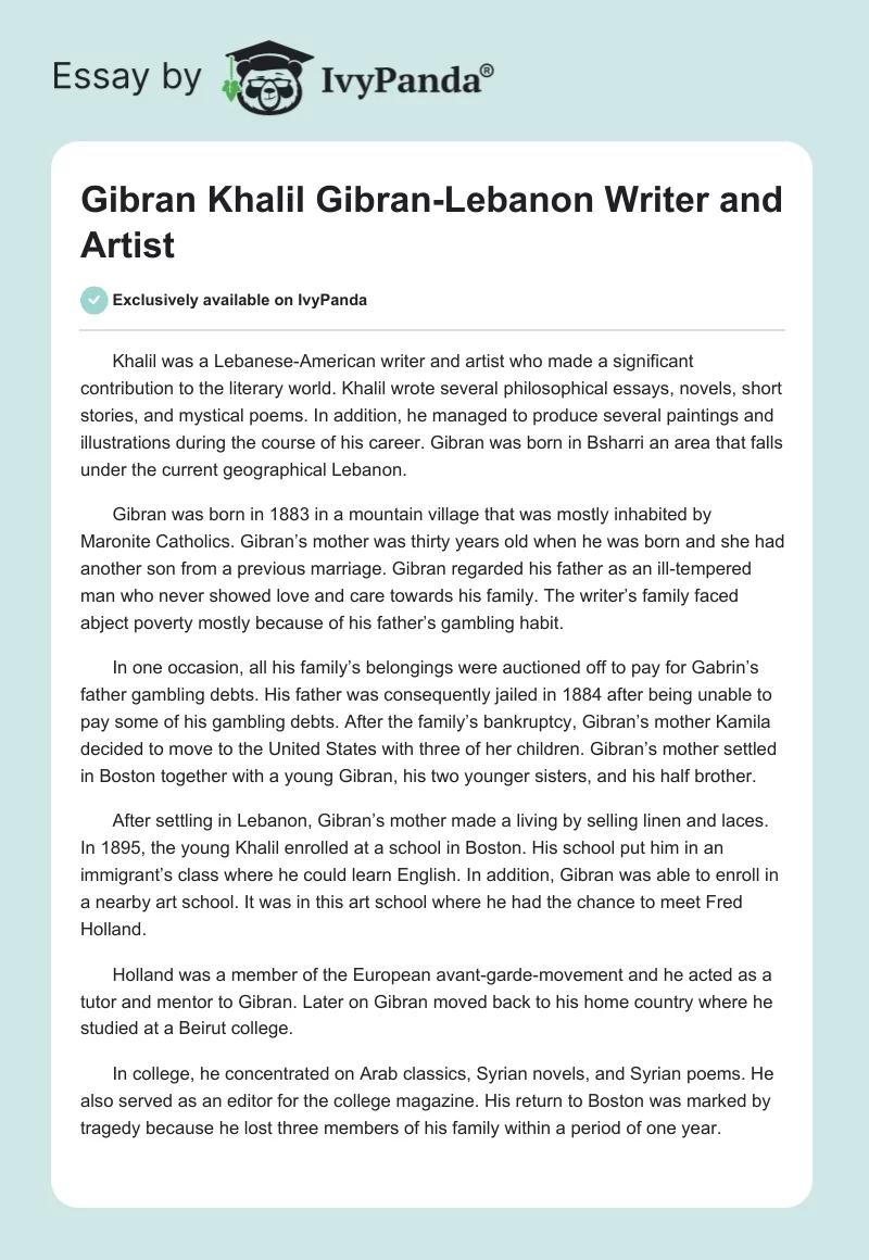 Gibran Khalil Gibran-Lebanon Writer and Artist. Page 1