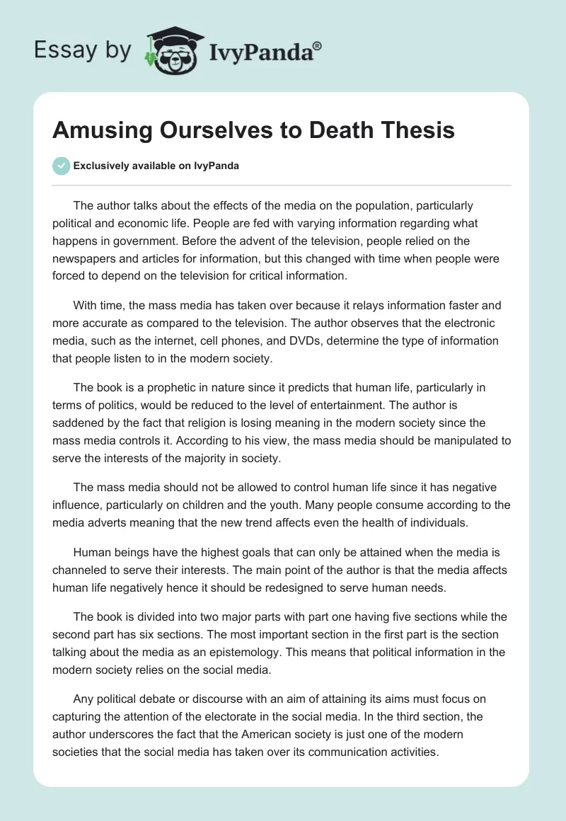 Amusing Ourselves to Death Thesis. Page 1
