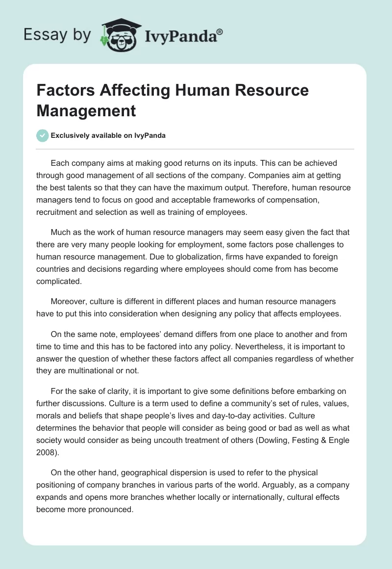Factors Affecting Human Resource Management. Page 1