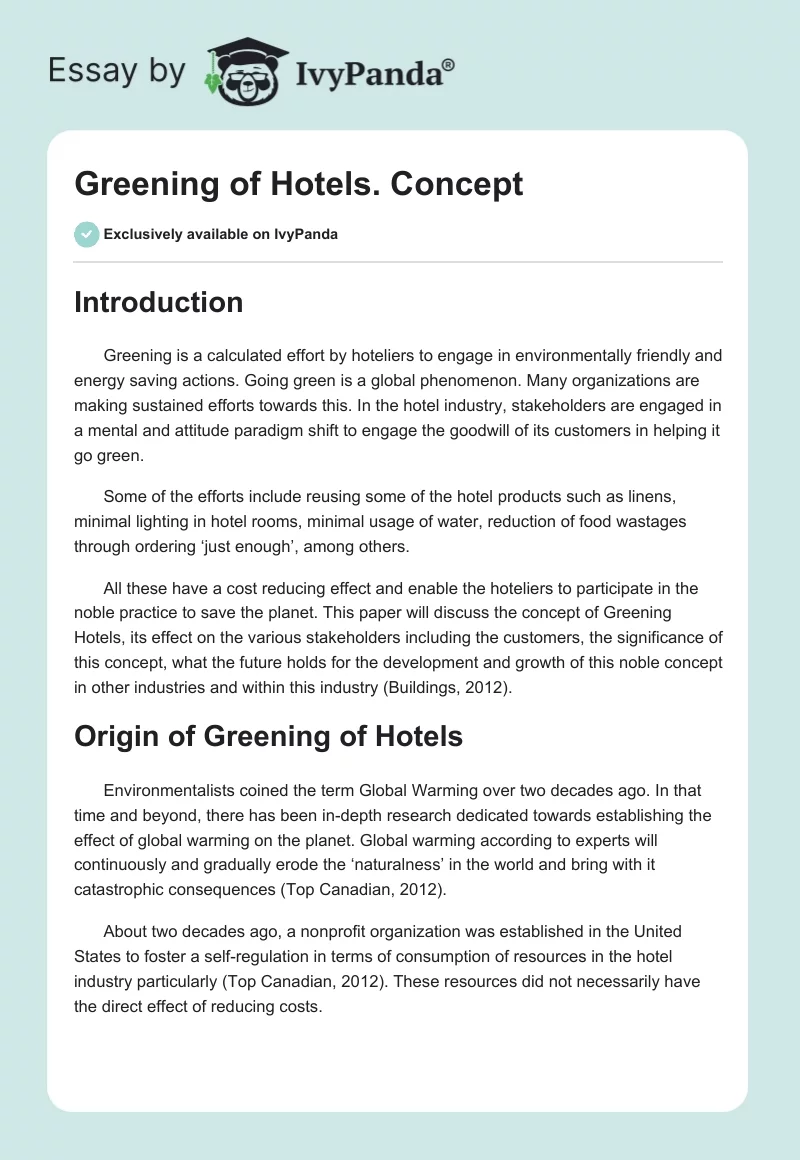 Greening of Hotels. Concept. Page 1