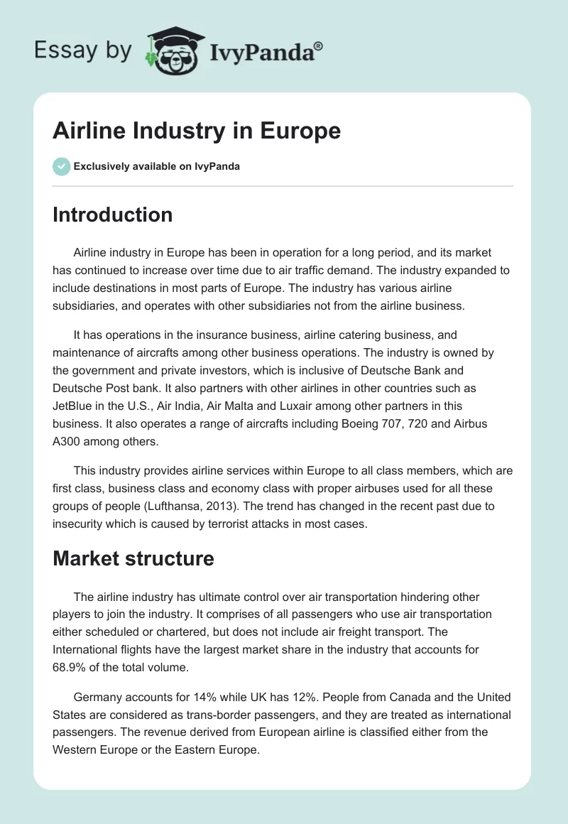 Airline Industry in Europe. Page 1