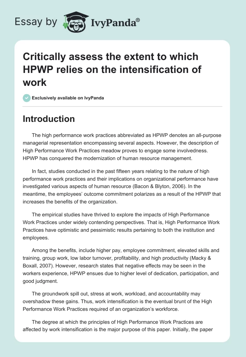 Critically assess the extent to which HPWP relies on the intensification of work. Page 1