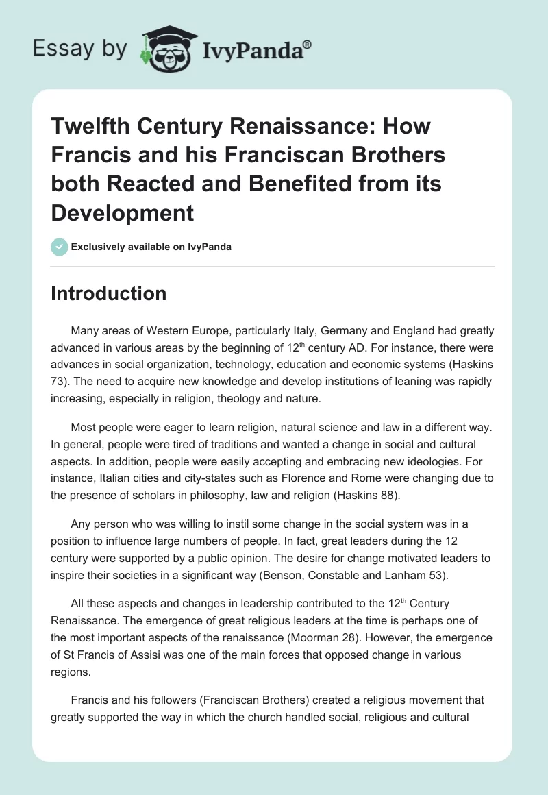 Twelfth Century Renaissance: How Francis and his Franciscan Brothers both Reacted and Benefited from its Development. Page 1