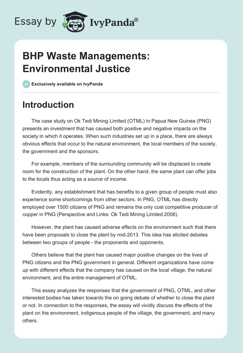 BHP Waste Managements: Environmental Justice. Page 1