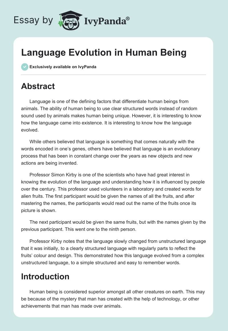 Language Evolution in Human Being . Page 1