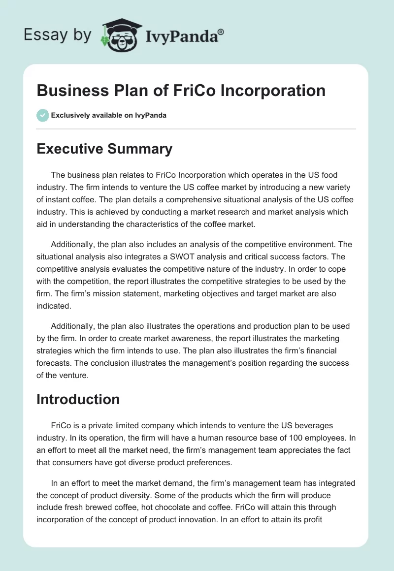 Business Plan of FriCo Incorporation. Page 1