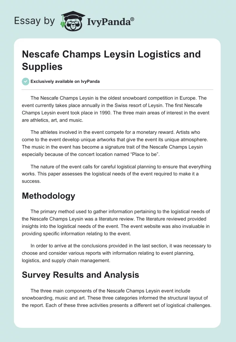 Nescafe Champs Leysin Logistics and Supplies. Page 1