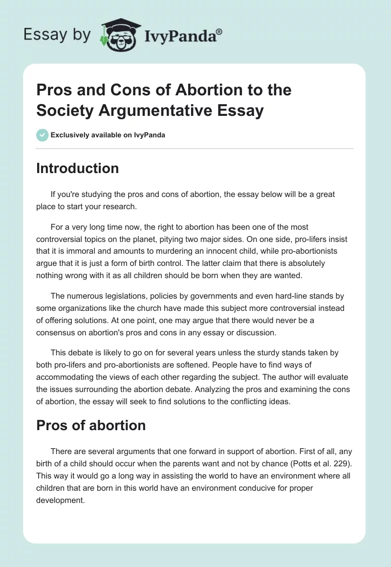 Pros and Cons of Abortion to the Society Argumentative Essay. Page 1