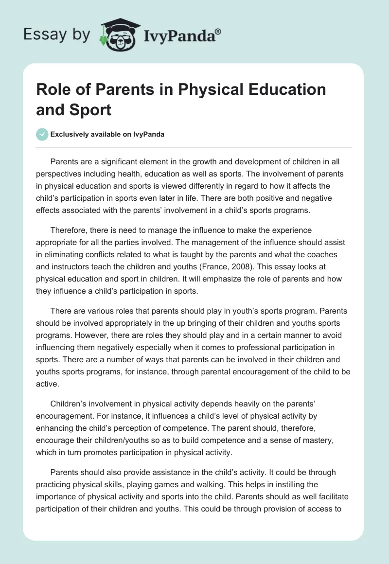 Role of Parents in Physical Education and Sport. Page 1