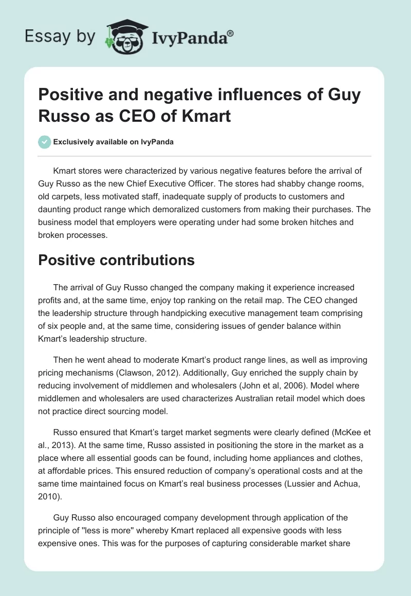 Positive and negative influences of Guy Russo as CEO of Kmart. Page 1