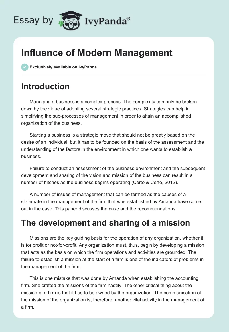 Influence of Modern Management. Page 1