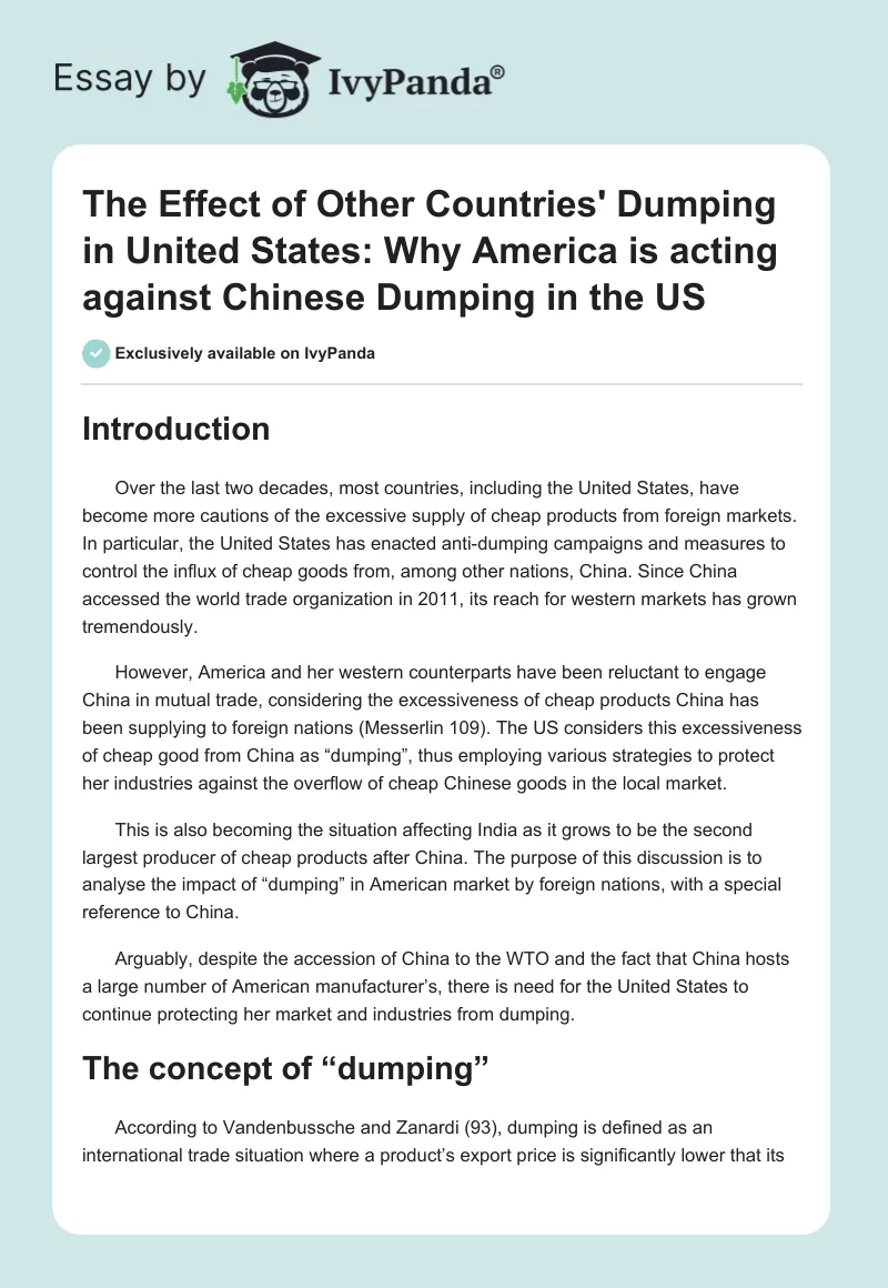 The Effect of Other Countries' Dumping in United States: Why America is acting against Chinese Dumping in the US. Page 1