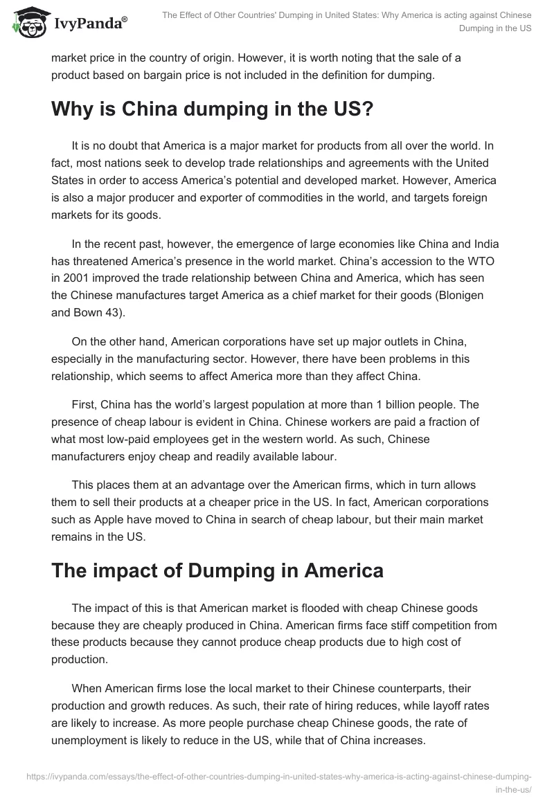 The Effect of Other Countries' Dumping in United States: Why America is acting against Chinese Dumping in the US. Page 2