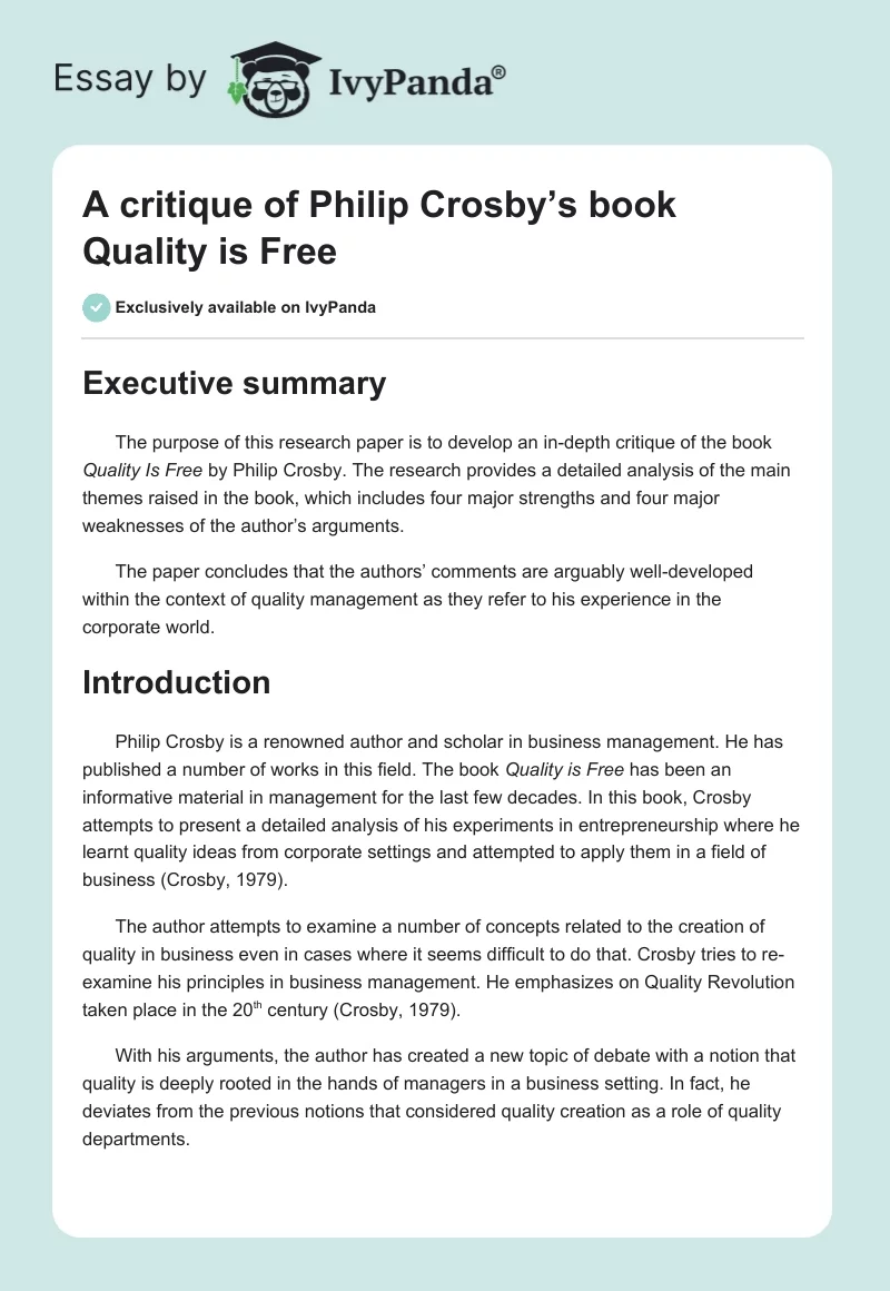 A critique of Philip Crosby’s book Quality is Free. Page 1