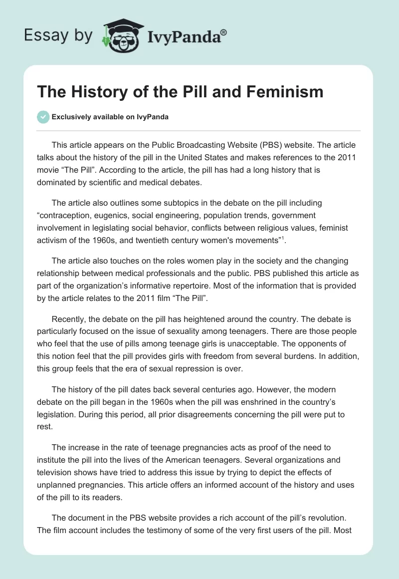 The History of the Pill and Feminism. Page 1