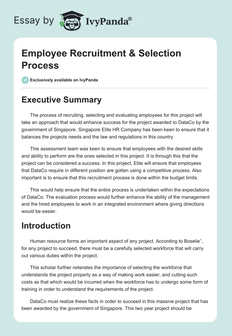 Employee Recruitment & Selection Process - 3133 Words | Report Example