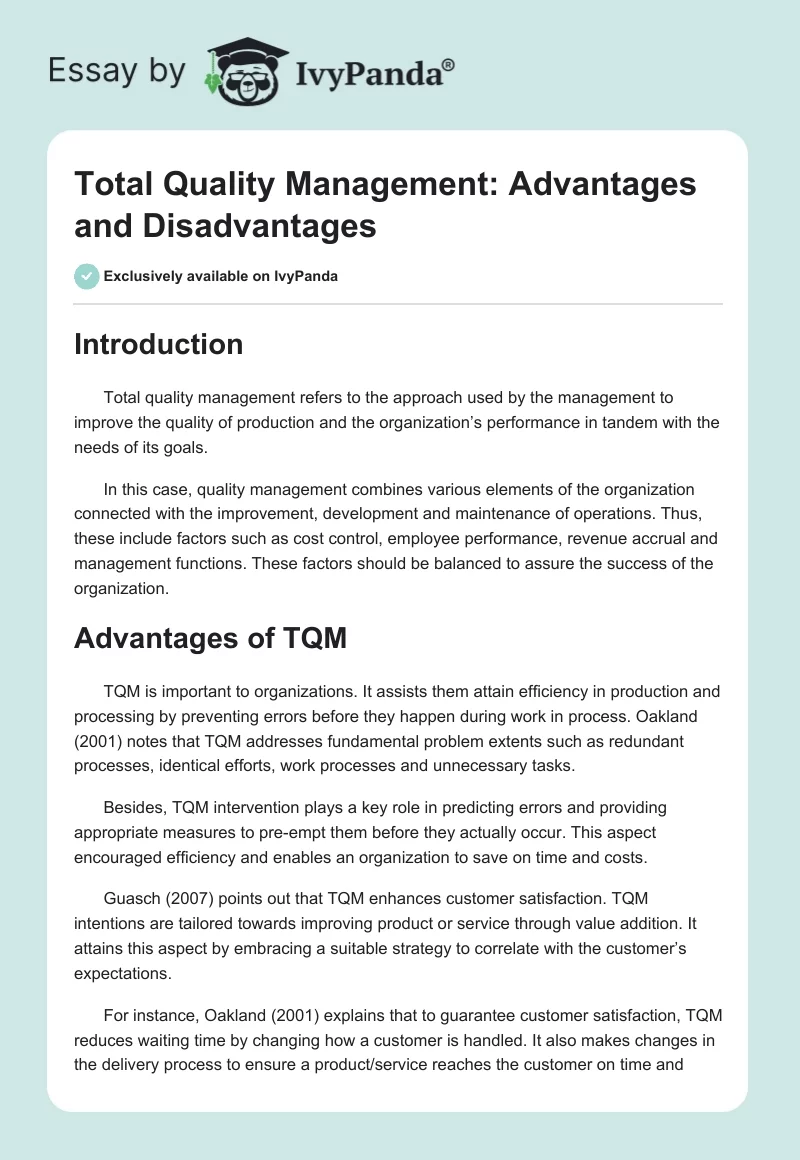 Total Quality Management: Advantages and Disadvantages. Page 1