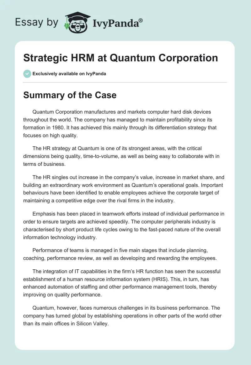 Strategic HRM at Quantum Corporation. Page 1