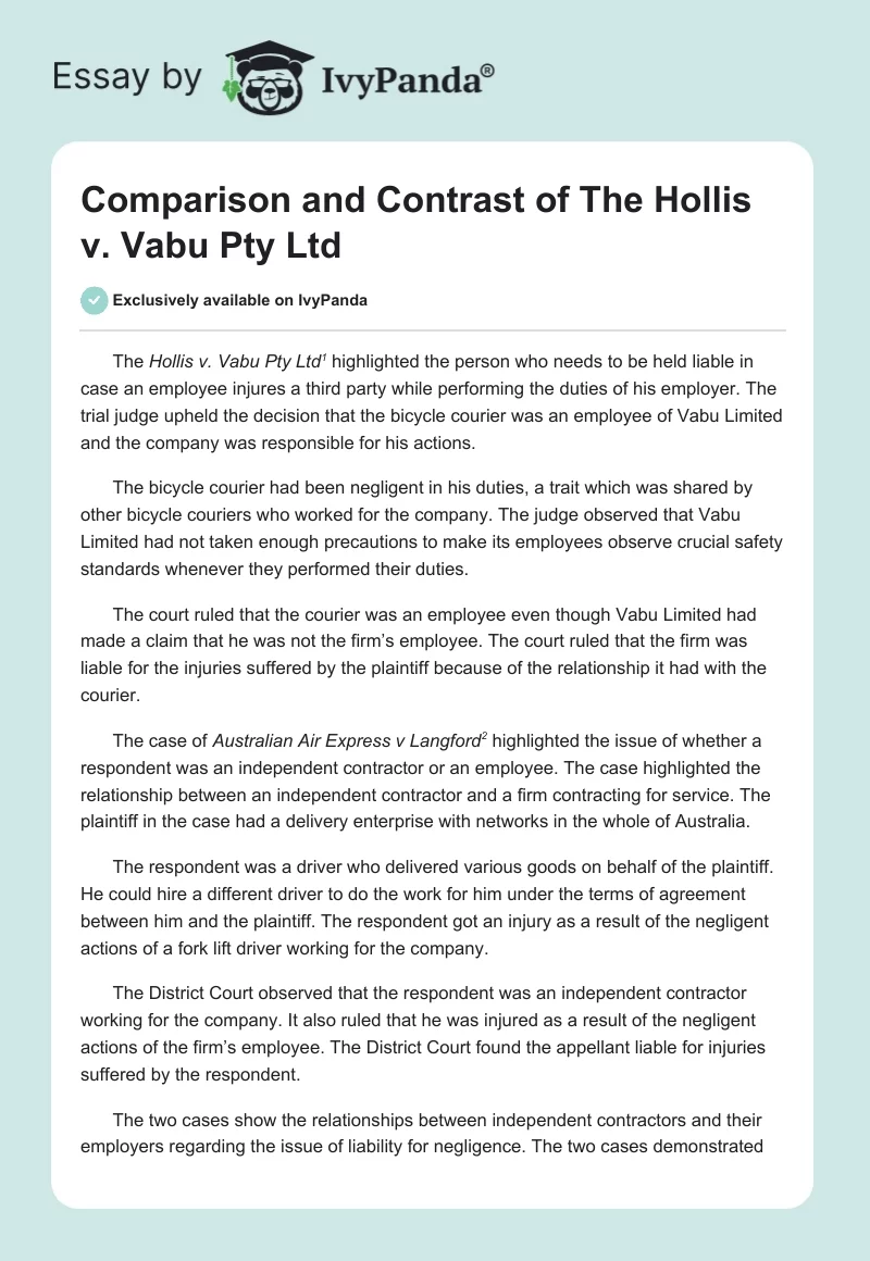 Comparison and Contrast of The Hollis v. Vabu Pty Ltd. Page 1