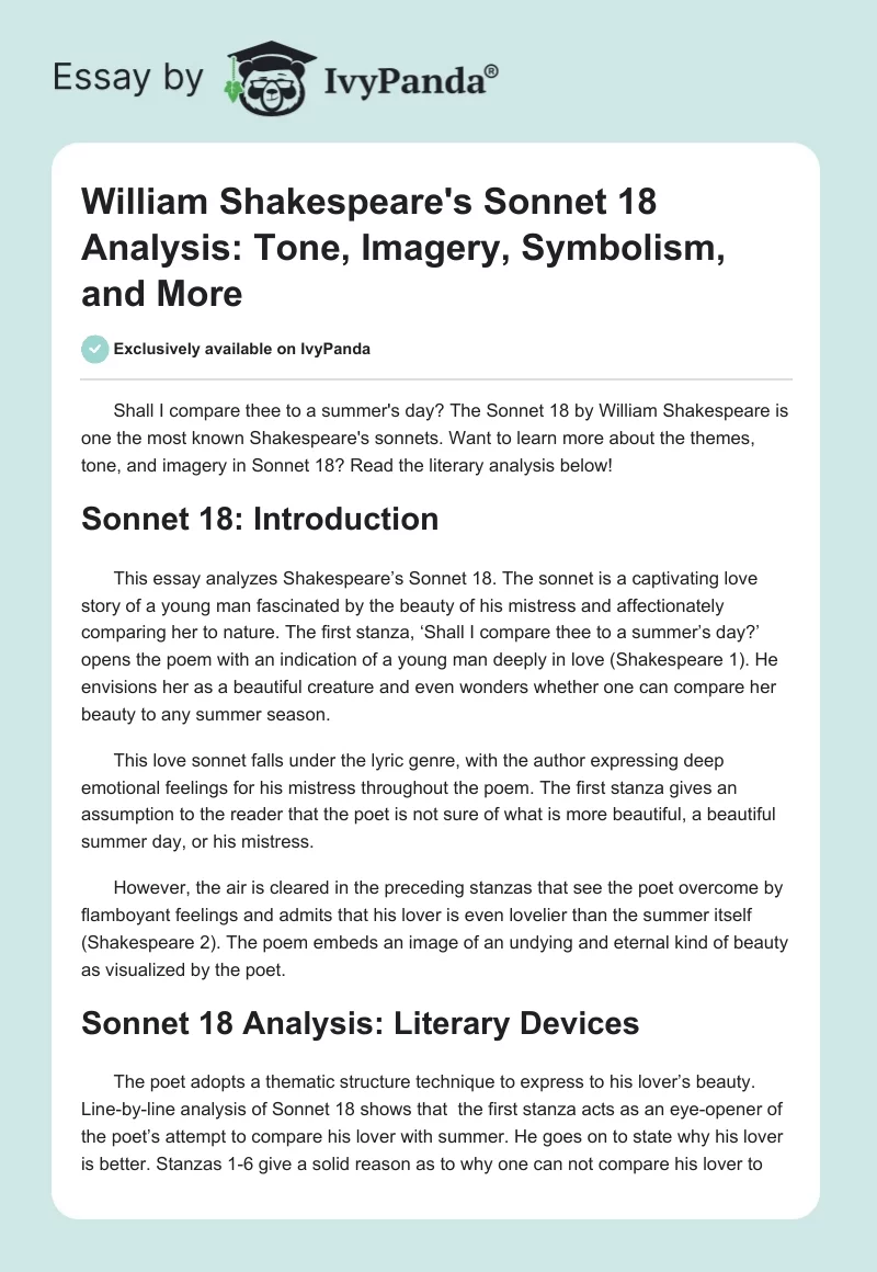 William Shakespeare's Sonnet 18 Analysis: Tone, Imagery, Symbolism, and More. Page 1