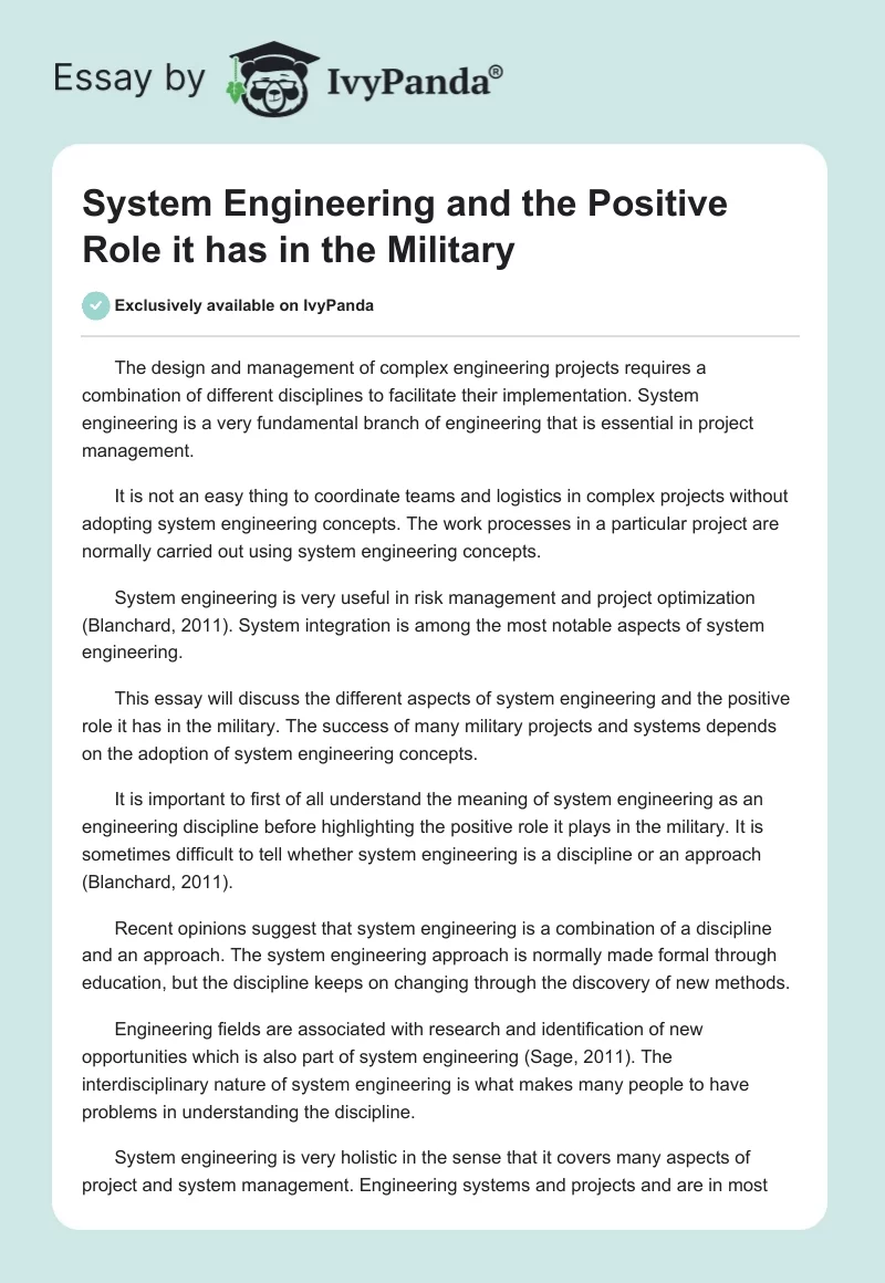 System Engineering and the Positive Role It Has in the Military. Page 1