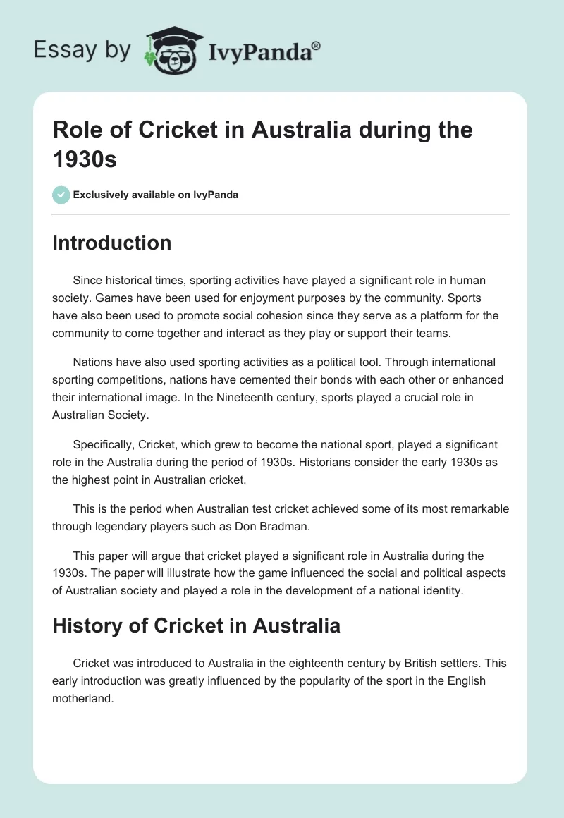 Role of Cricket in Australia During the 1930s. Page 1