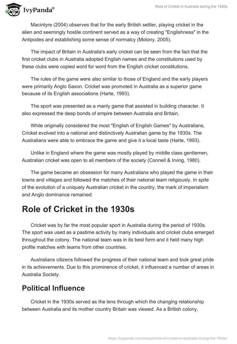 Role of Cricket in Australia During the 1930s. Page 2