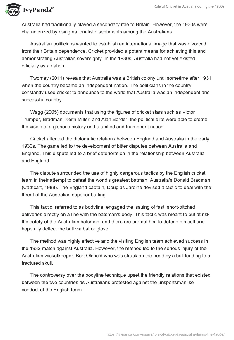 Role of Cricket in Australia During the 1930s. Page 3