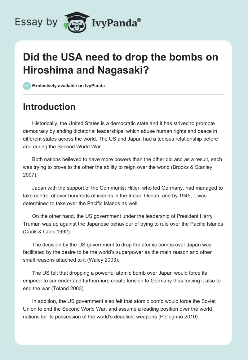 Did the USA need to drop the bombs on Hiroshima and Nagasaki?. Page 1