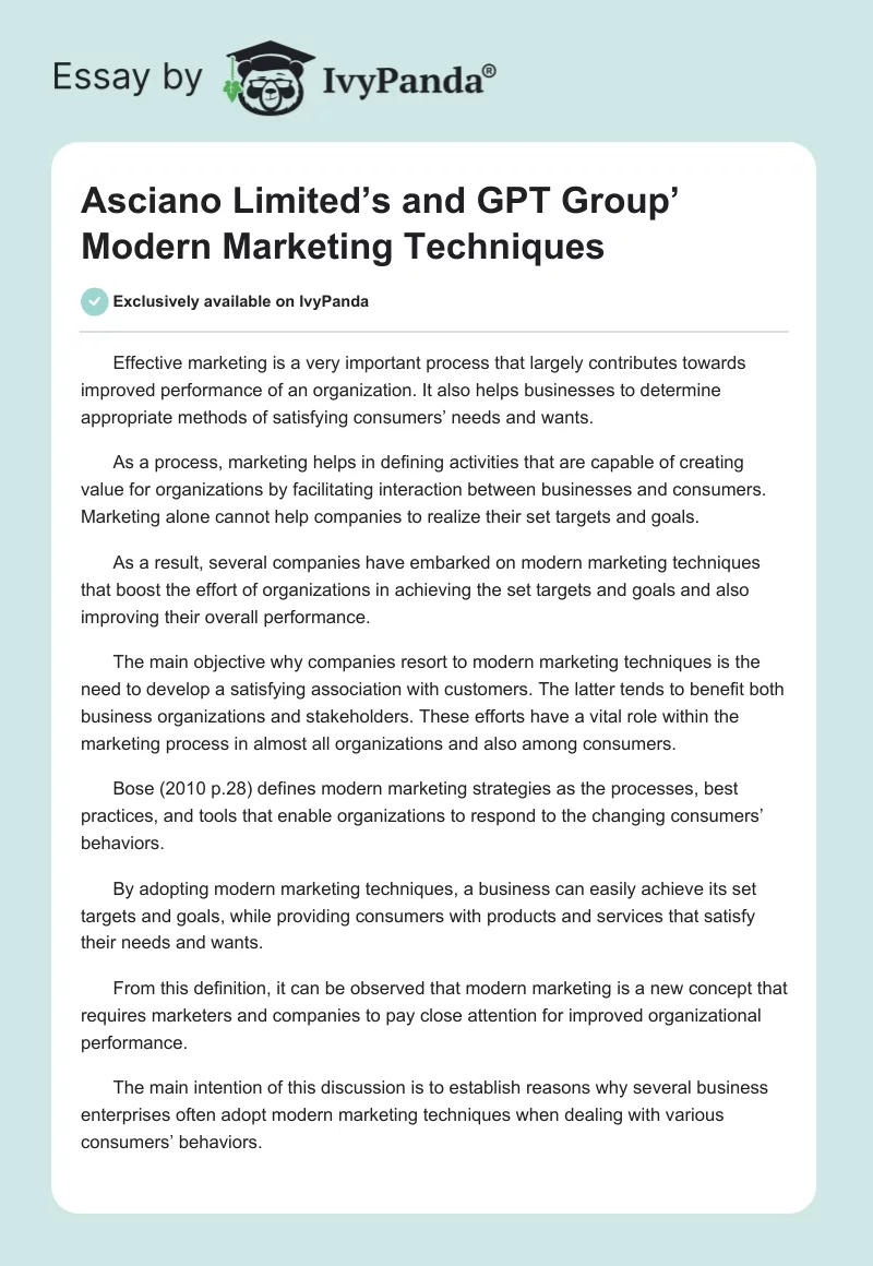 Asciano Limited’s and GPT Group’ Modern Marketing Techniques. Page 1