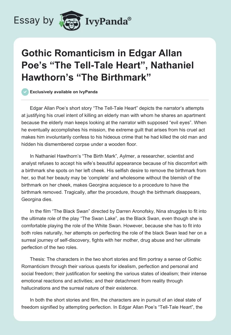 Gothic Romanticism in Edgar Allan Poe’s “The Tell-Tale Heart”, Nathaniel Hawthorn’s “The Birthmark”. Page 1