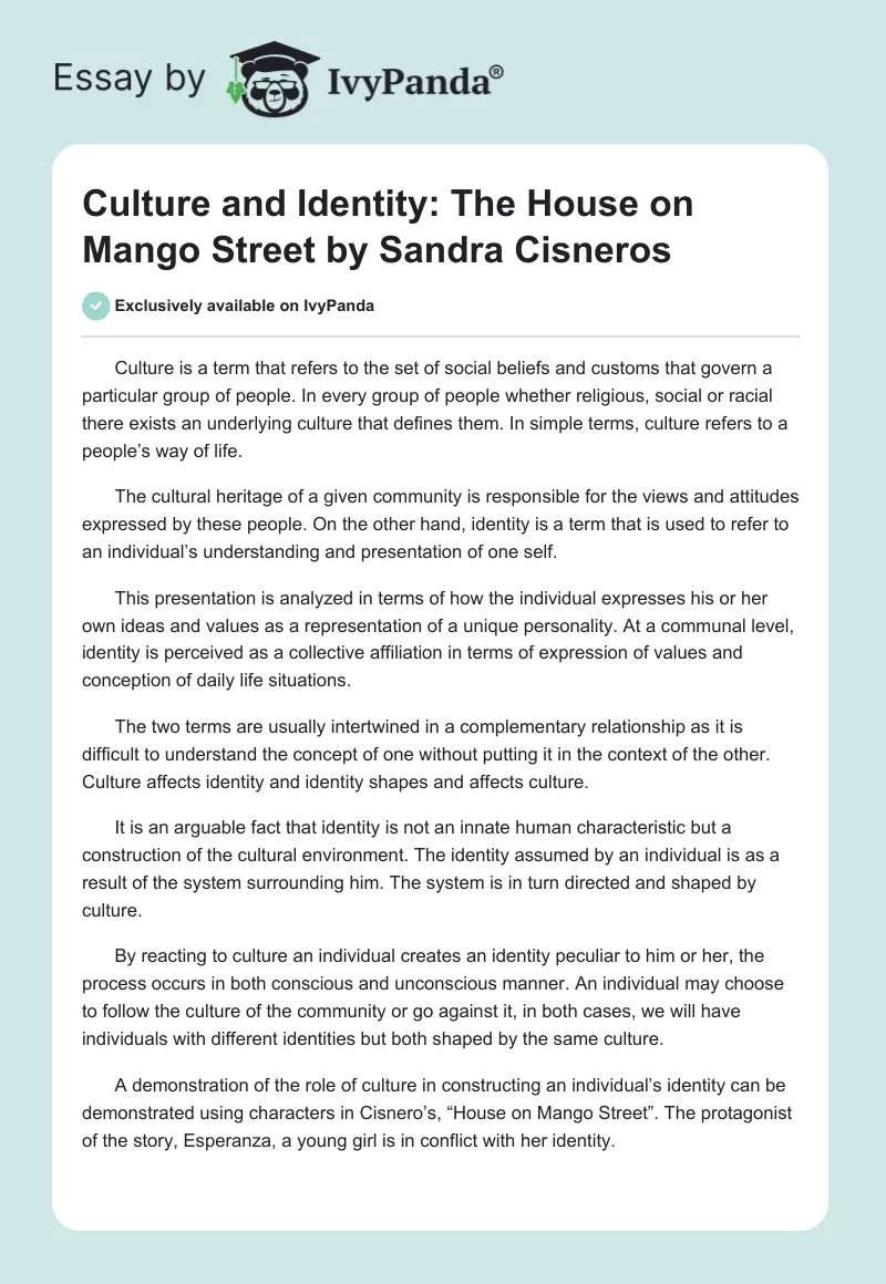 Culture and Identity: "The House on Mango Street" by Sandra Cisneros. Page 1