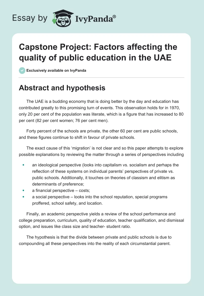 Capstone Project: Factors affecting the quality of public education in the UAE. Page 1