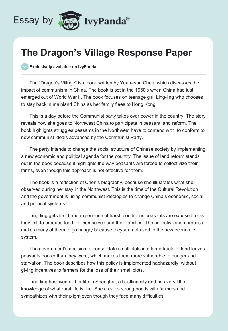 The Dragon’s Village Response Paper. Page 1