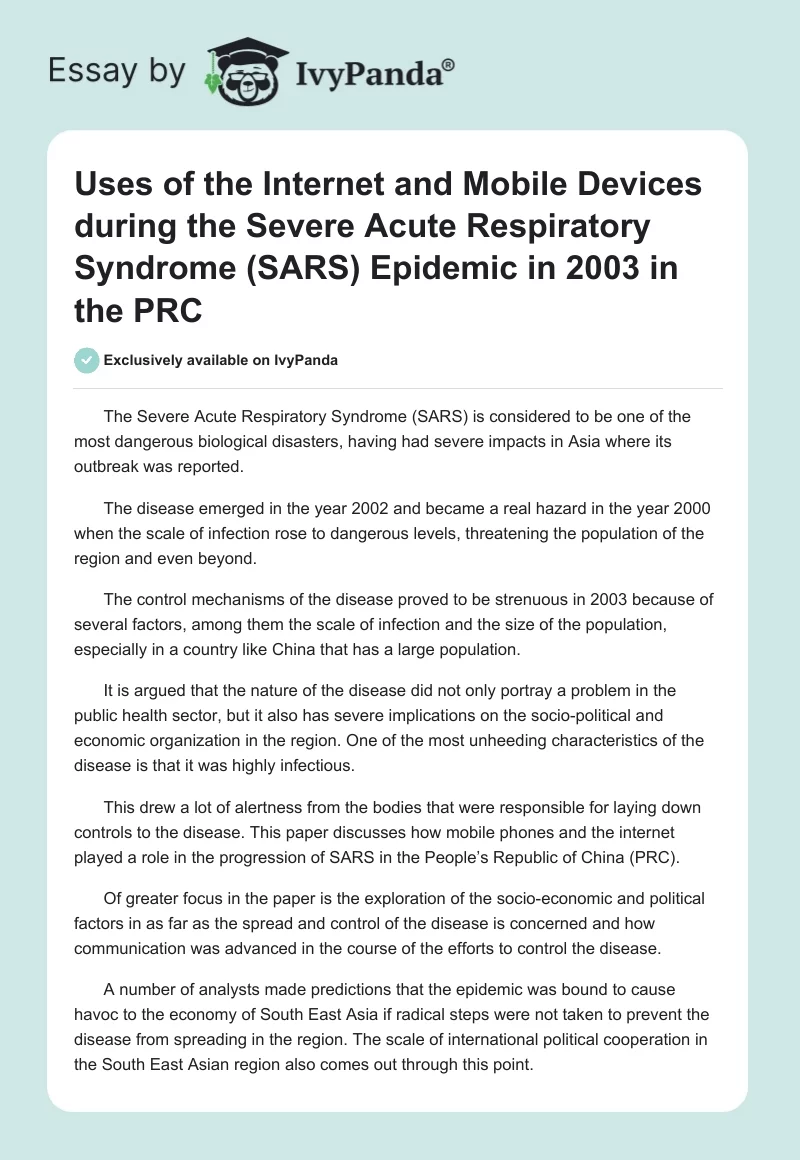 Uses of the Internet and Mobile Devices During the Severe Acute Respiratory Syndrome (SARS) Epidemic in 2003 in the PRC. Page 1
