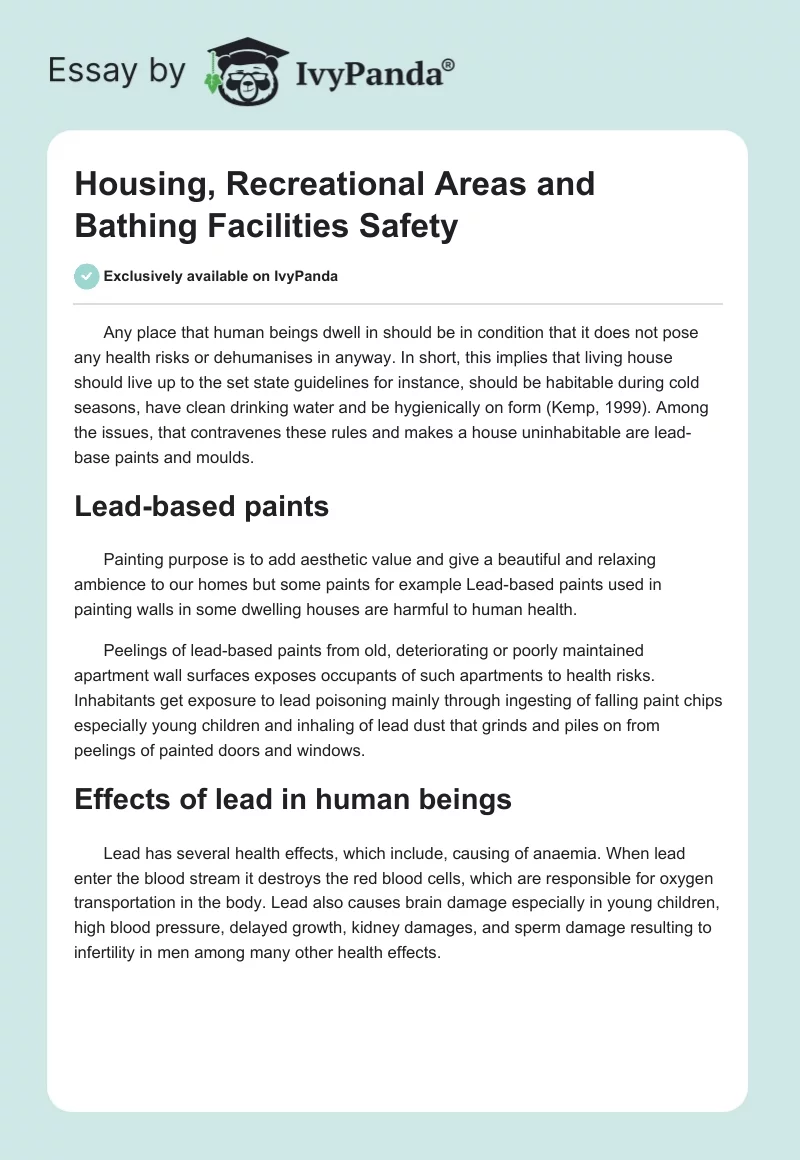 Housing, Recreational Areas and Bathing Facilities Safety. Page 1