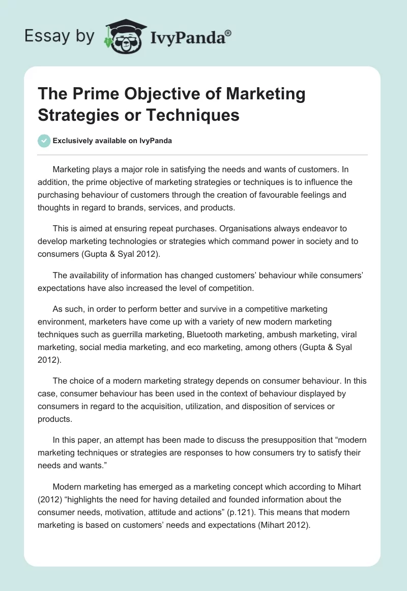 The Prime Objective of Marketing Strategies or Techniques. Page 1