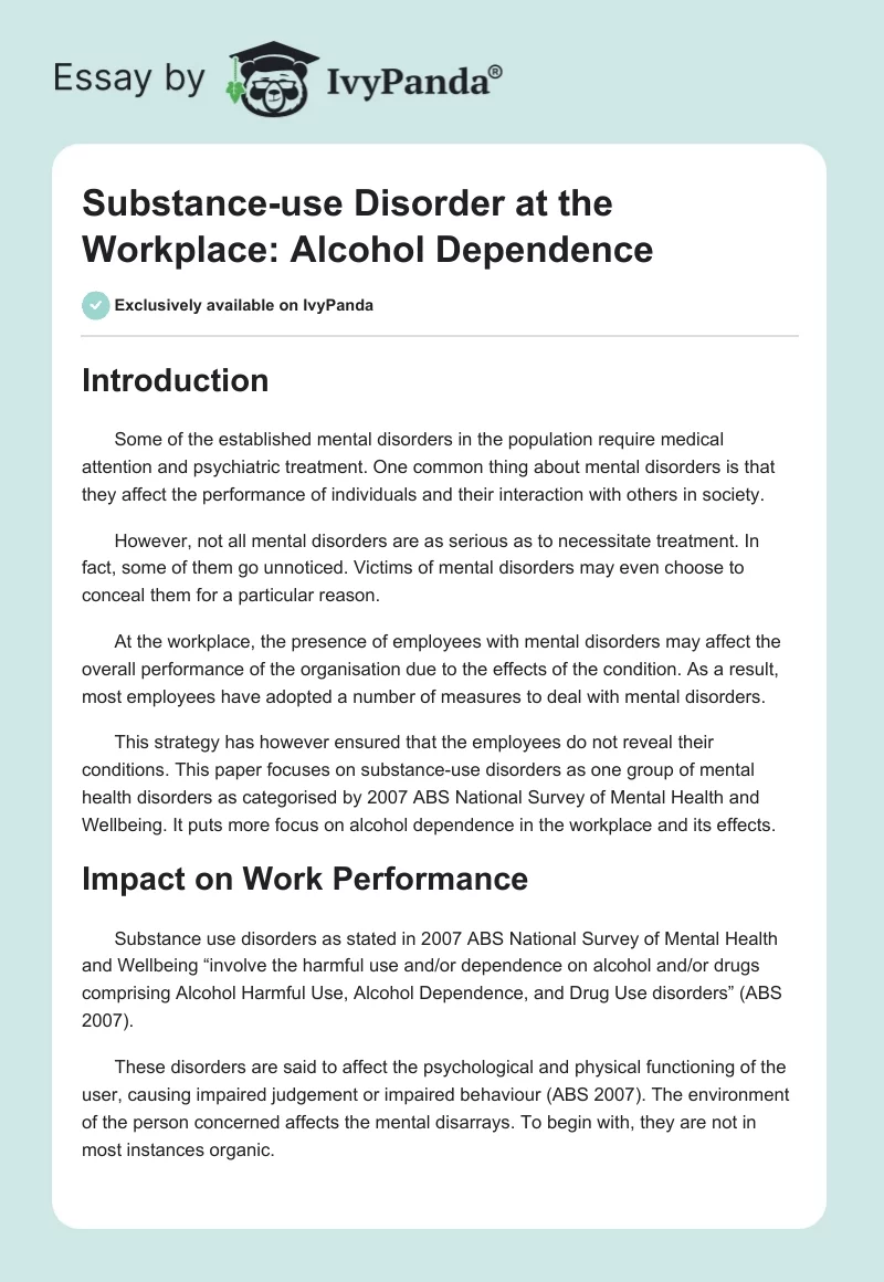 Substance-Use Disorder at the Workplace: Alcohol Dependence. Page 1
