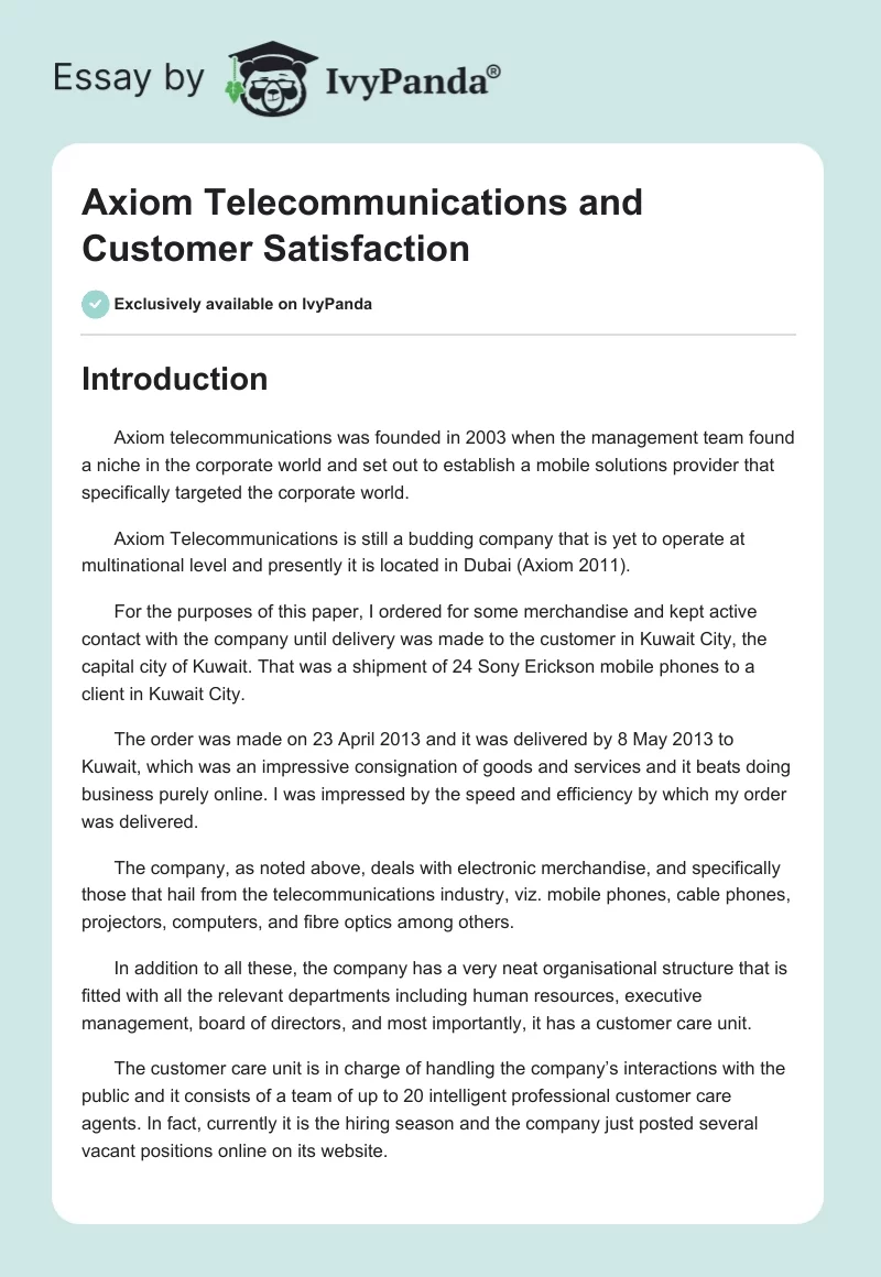 Axiom Telecommunications and Customer Satisfaction. Page 1