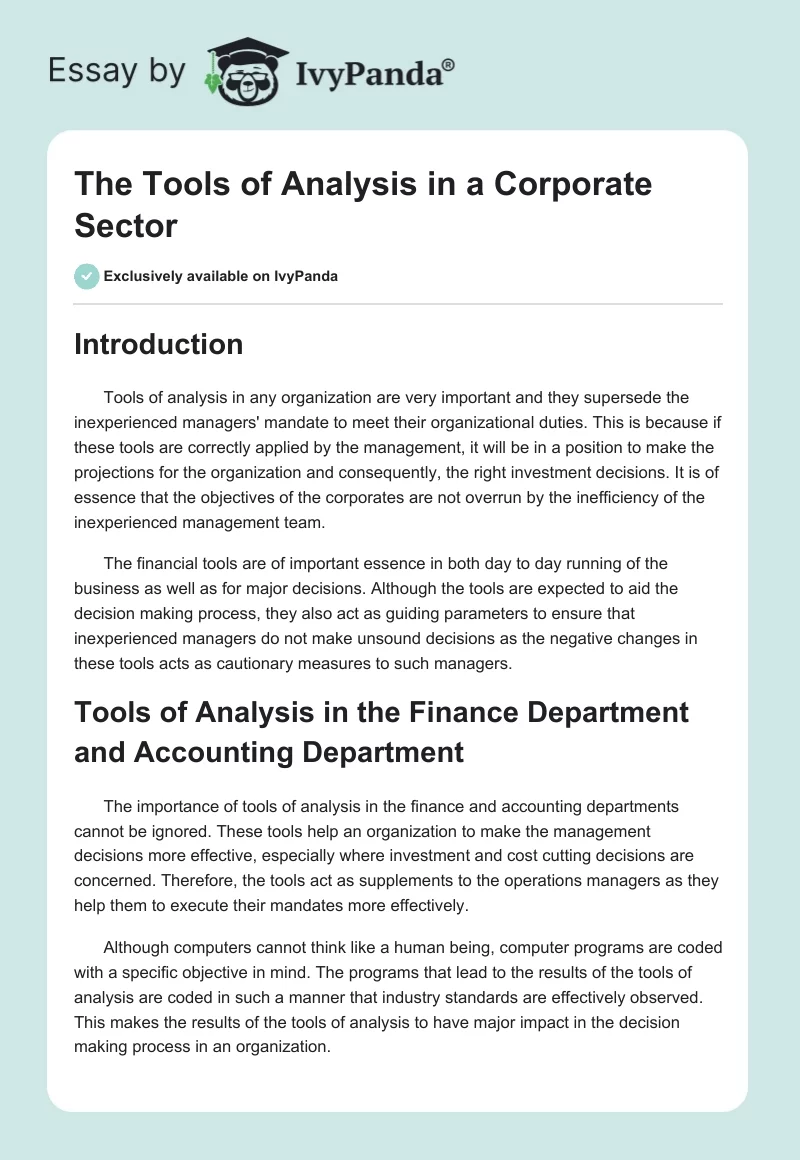 The Tools of Analysis in a Corporate Sector. Page 1