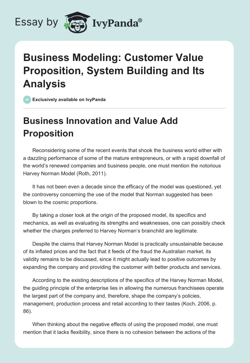 Business Modeling: Customer Value Proposition, System Building and Its Analysis. Page 1
