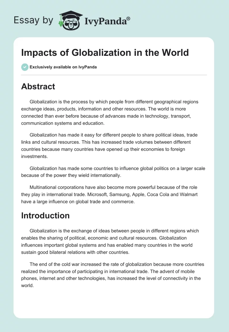 Impacts of Globalization in the World. Page 1