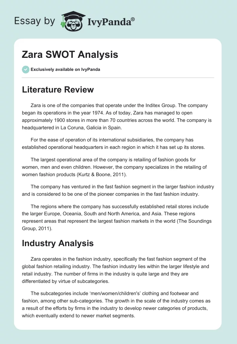 Zara SWOT Analysis. Page 1