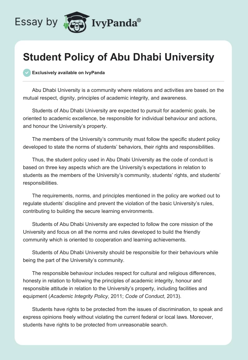 Student Policy of Abu Dhabi University. Page 1