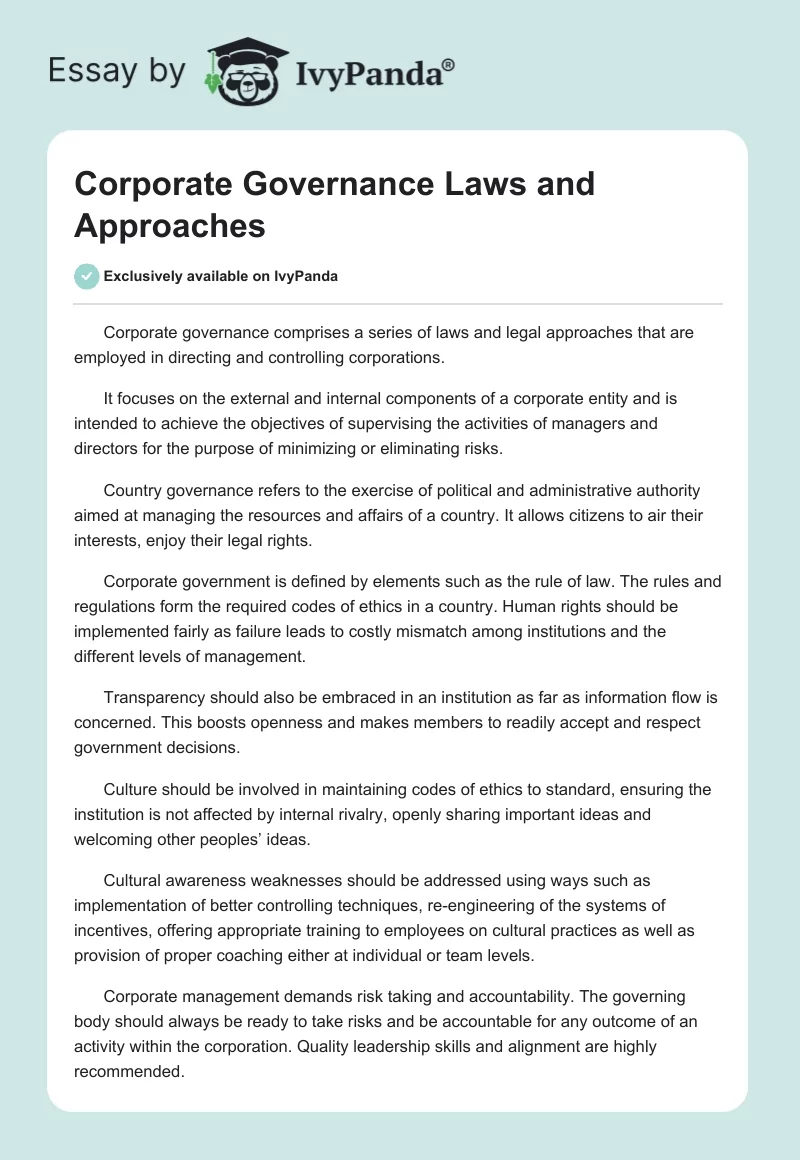Corporate Governance Laws and Approaches. Page 1