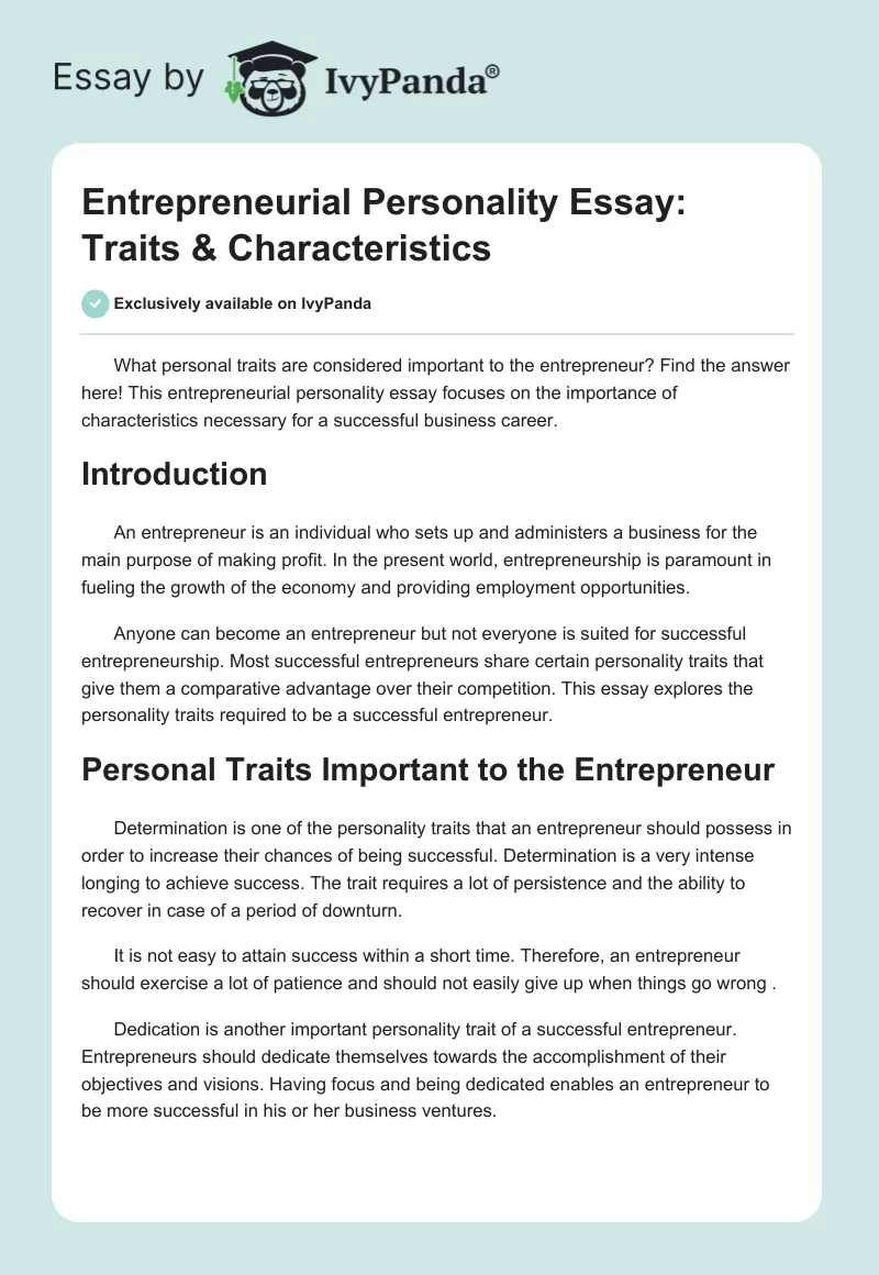 Entrepreneurial Personality Essay: Traits & Characteristics. Page 1