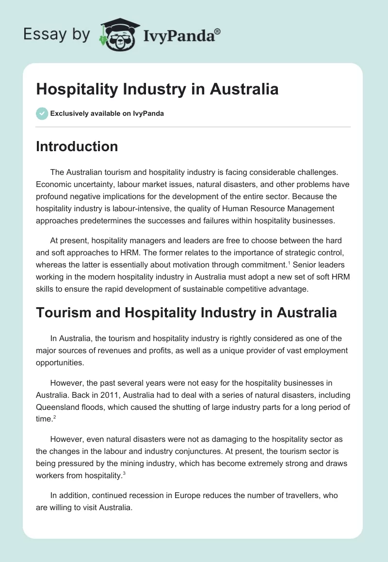 Hospitality Industry in Australia. Page 1