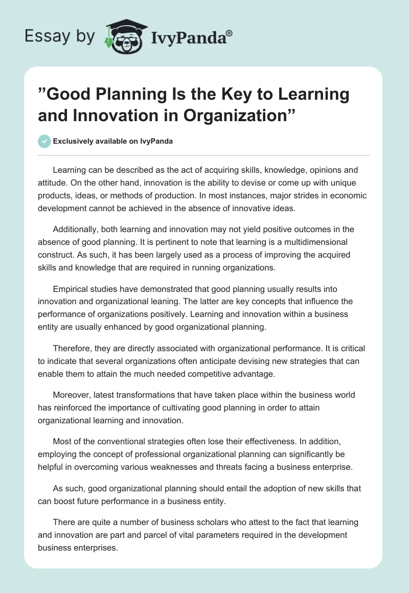 ”Good Planning Is the Key to Learning and Innovation in Organization”. Page 1