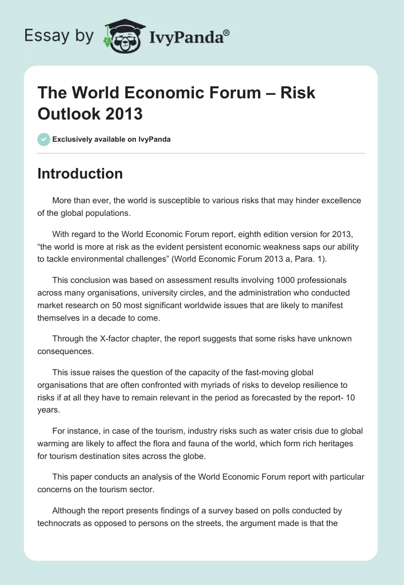 The World Economic Forum – Risk Outlook 2013. Page 1