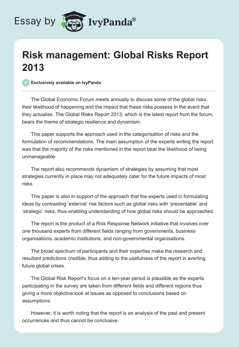 Risk management: Global Risks Report 2013. Page 1